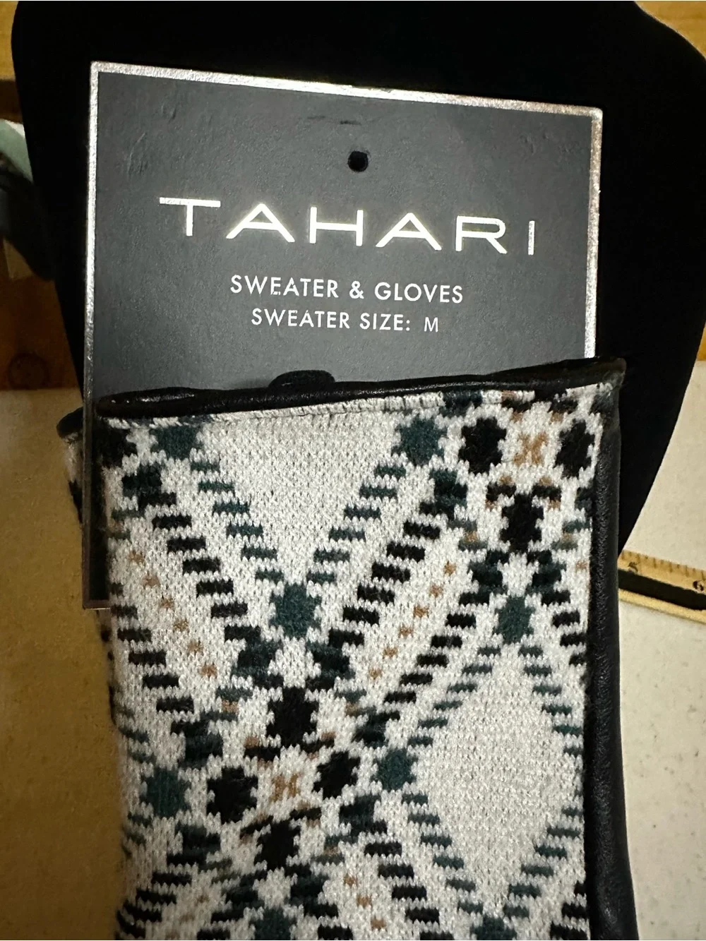 Tahari Plaid Knit Faux Leather Gloves Cream Black Green Gold NWT